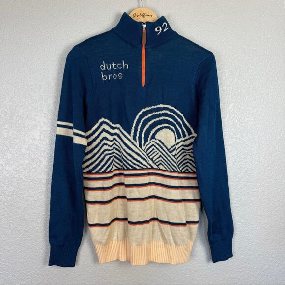 Dutch Bros 92 Quarter Zip Knit Sweater L - Sun, Mountain, Broista, Blue, Coffee - Picture 2 of 7